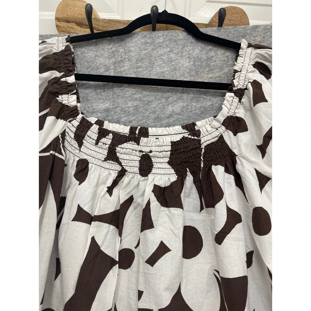 Free People Brown White Floral Smocked Puff Sleeve Mini Dress with Pockets - Picture 10 of 14